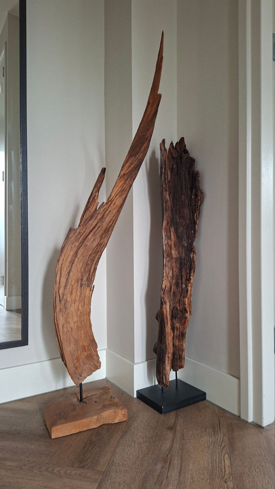 Set van 2 unieke houten decoratiestukken op standaard, Ophalen, Hout, Gebruikt, Landelijk