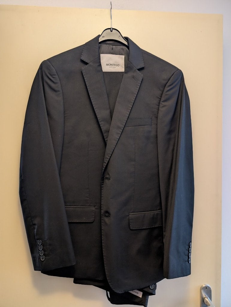 Montego zwart herenpak maat S – colbert en pantalon, Zwart, Ophalen of Verzenden, Zo goed als nieuw, Montego