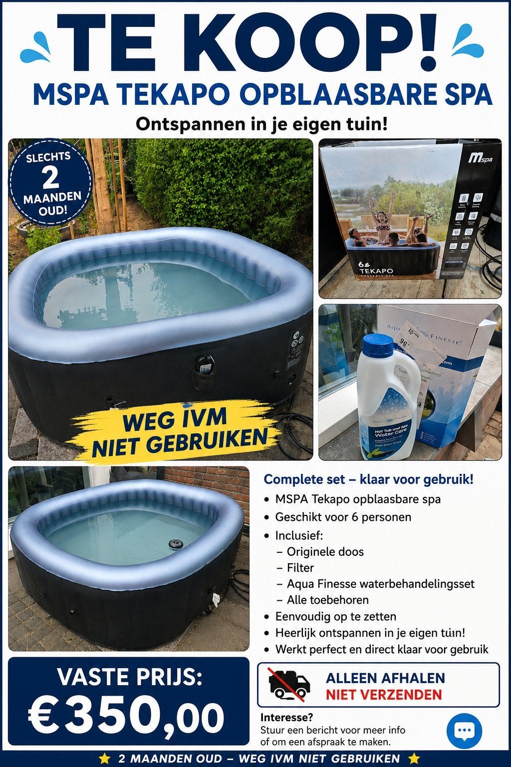 MSpa Tekapo Opblaasbare Spa Jacuzzi - Zo goed als nieuw, Tuin en Terras, Zwembaden, Ophalen, Zo goed als nieuw, Vierkant, Opblaaszwembad