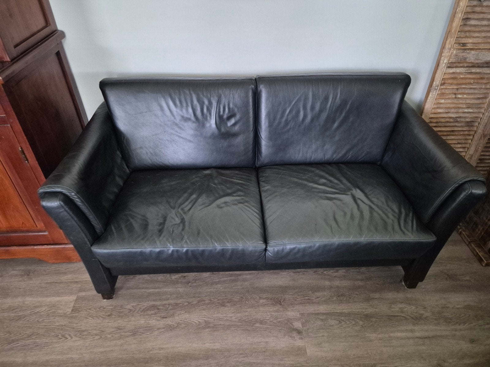 Zwarte lederen 3+2 zits bankstel  GRATIS, Gebruikt, Ophalen of Verzenden, Rechte bank, 200 tot 250 cm