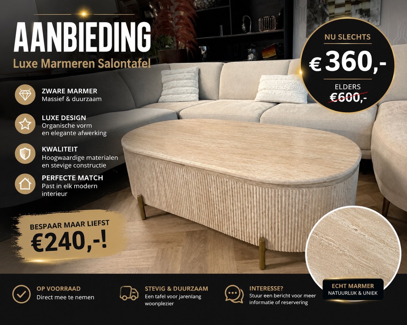 Travertine Salontafel – Ovale - Organisch, Overige materialen, 100 tot 150 cm, Nieuw, Minder dan 50 cm