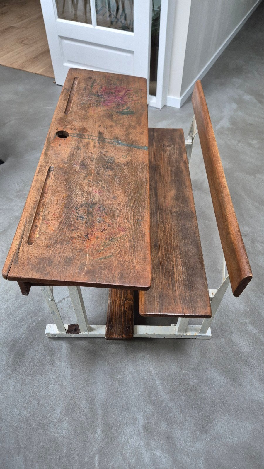 Vintage schoolbankje met bankje - Hout en metaal, Ophalen