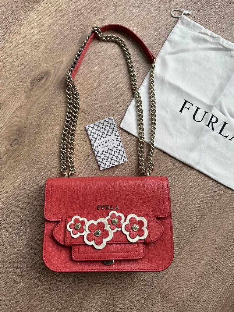 Furla oranje crossbody tas schoudertas met bloemen 20x15x7cm, Sieraden, Tassen en Uiterlijk, Tassen | Schoudertassen, Ophalen of Verzenden