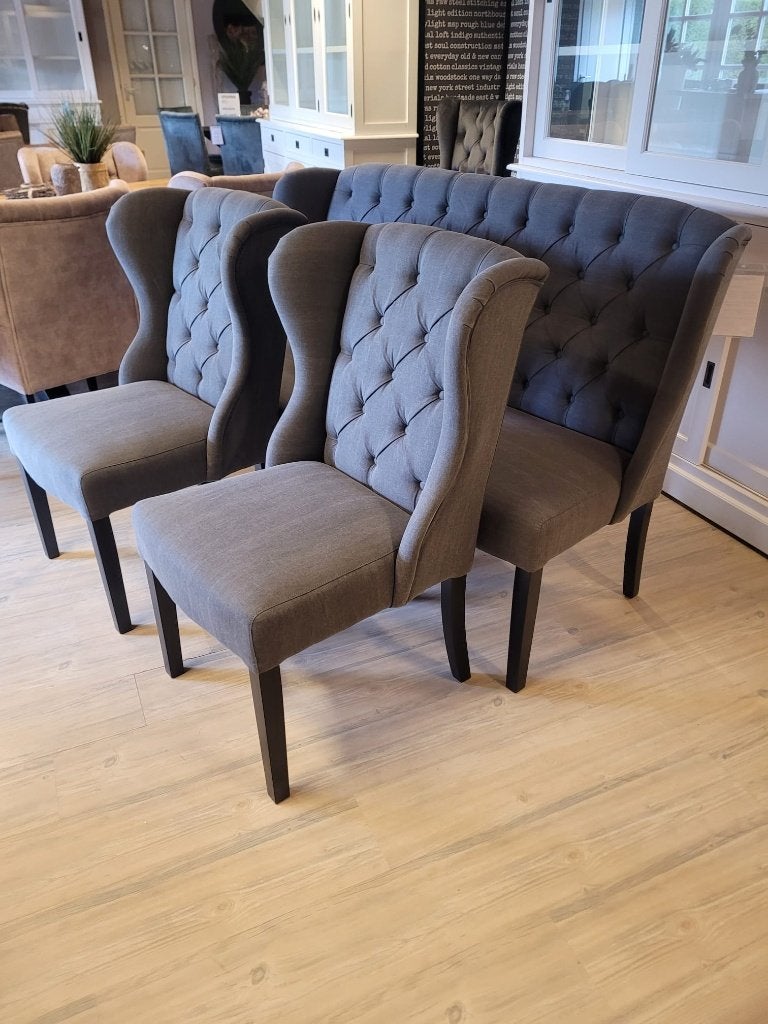 ACTIE Landelijke Eetkamerbank 150 + 2 Stoelen Antraciet (17), Nieuw, Vijf, Zes of meer stoelen, Landelijke eetkamerstoelen eetkamerbank stof ranch antraciet