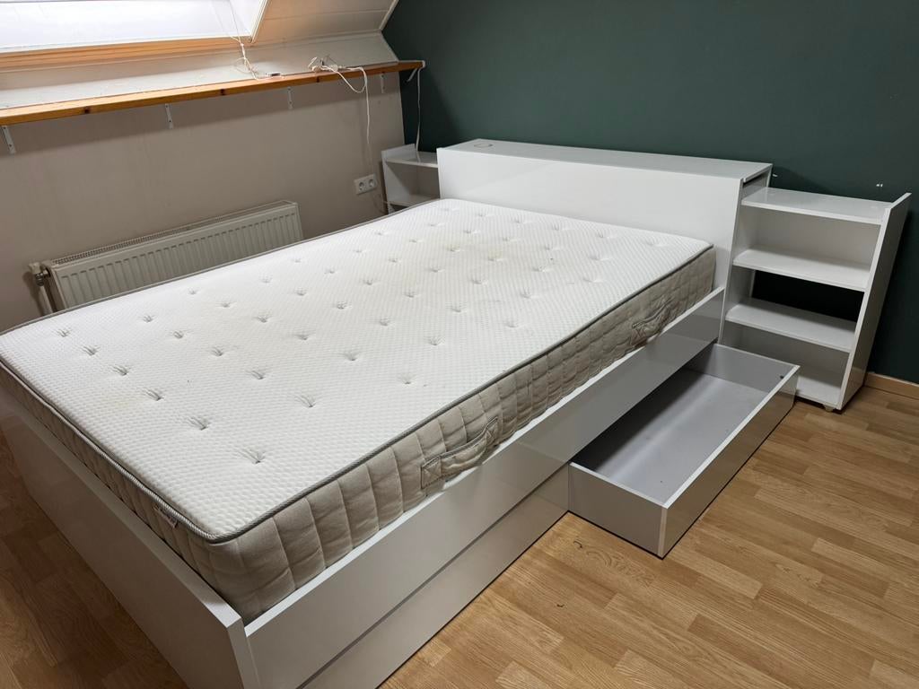 Hoogglans wit bed 140x200 met lades en nachtkastjes, Huis en Inrichting, Slaapkamer | Bedden, Ophalen, Wit, Tweepersoons, 140 cm