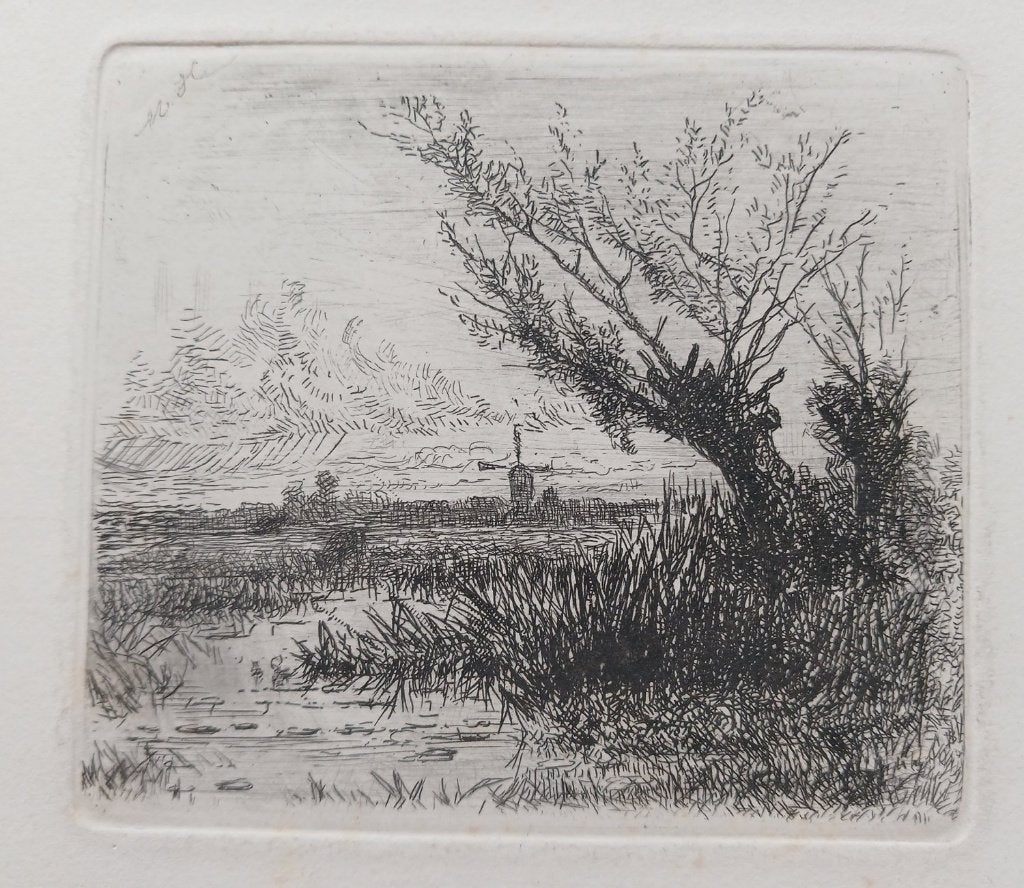 Marinus Heijl ets Polderlandschap met knotwilgen en molen, Blanco verso, Landschap, 1900 - 1949, Verzenden