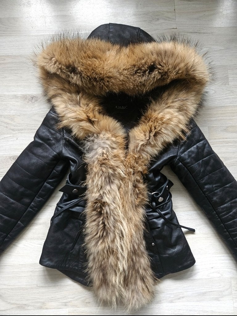 Luxe zwarte EMAS leren damesjas met echt bont - maat XS, Zwart, EMAS, Ophalen of Verzenden, Zo goed als nieuw