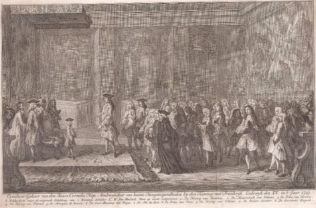 OPENBAAR GEHOOR CORNELIS HOP Ambassadeur bij LODEWYK XV 1719, Antiek en Kunst, 18 cm, Ophalen of Verzenden, 28 cm, 1700 - 1799
