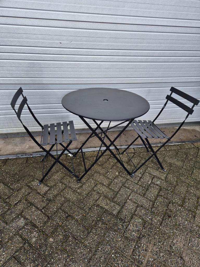 14x setjes Gebruikte fermob bistro set zwart d77 2 stoelen, Ophalen, Gebruikt, Overige materialen, 2 zitplaatsen