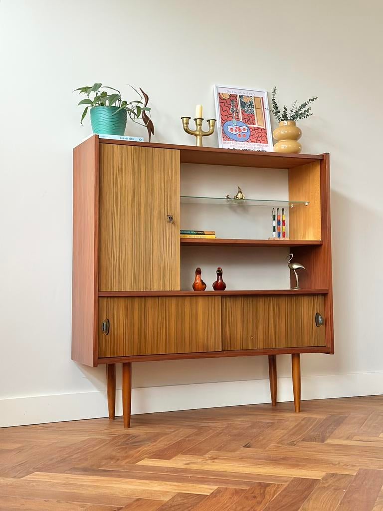 Vintage highboard teak hout jaren 50/60/70 wandkast, Ophalen, Gebruikt, Met deur(en), 100 tot 150 cm