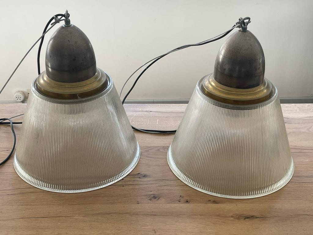 Set van twee industriele plafondlampen, Ophalen of Verzenden, Zo goed als nieuw, Glas