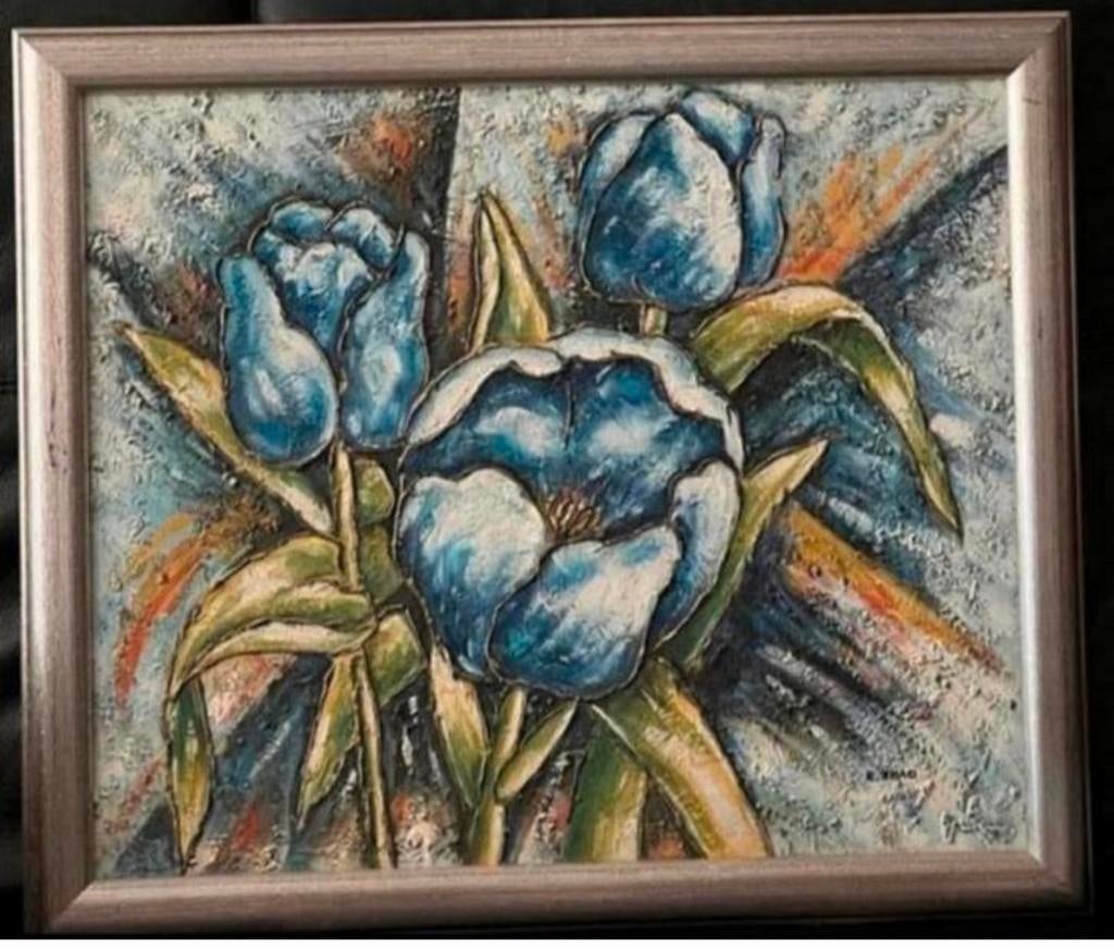 Olieverf schilder met bloemen, Ophalen of Verzenden