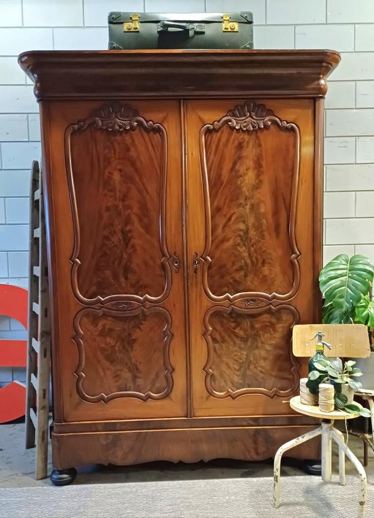Antieke/Brocante mahonie kast, Demontabele kledingkast🤎, Antiek en Kunst, Antiek | Meubels | Kasten, Ophalen of Verzenden