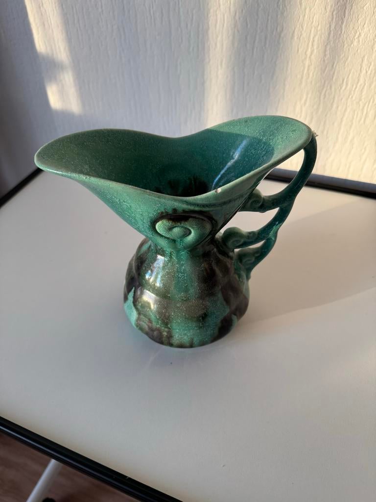 Vintage Groene Keramische Vaas met Oor, Ophalen of Verzenden