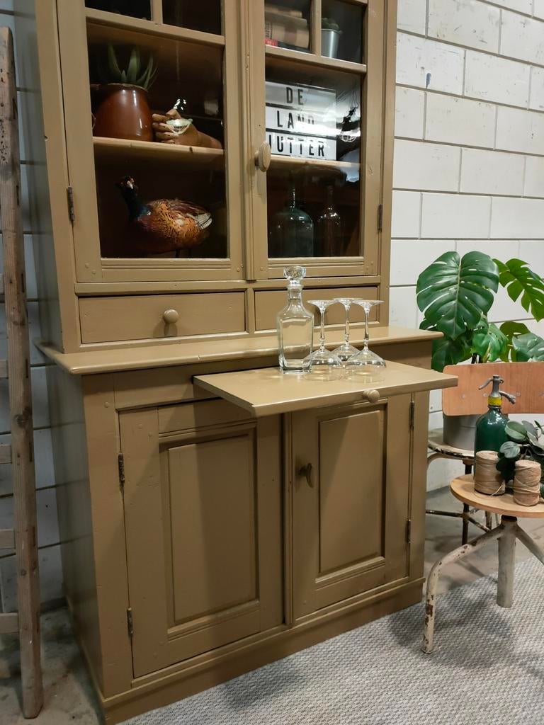Vintage/Brocante groene apothekerskast, antieke buffetkast, 200 cm of meer, Ophalen of Verzenden, 25 tot 50 cm, Met deur(en)