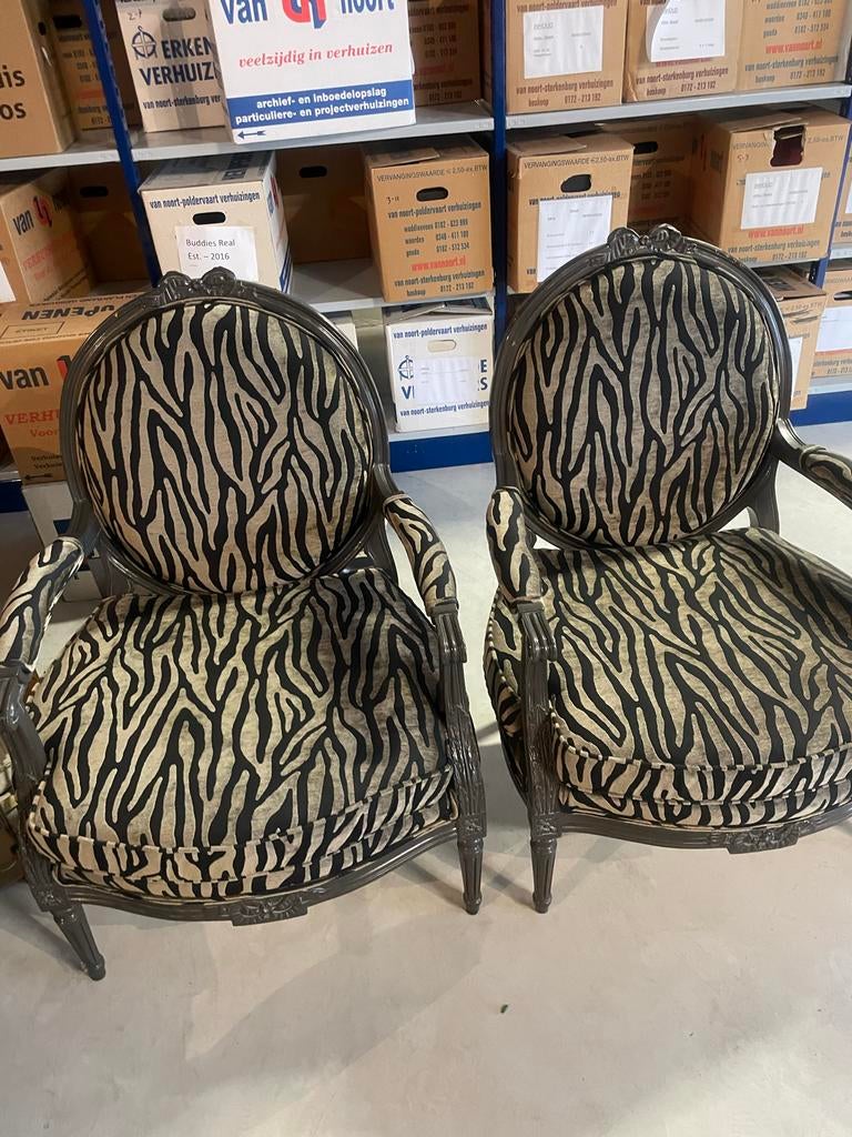 Beklede stoelen met zebraprint, Huis en Inrichting, Stoelen, Gebruikt, Twee, Overige kleuren, Ophalen of Verzenden