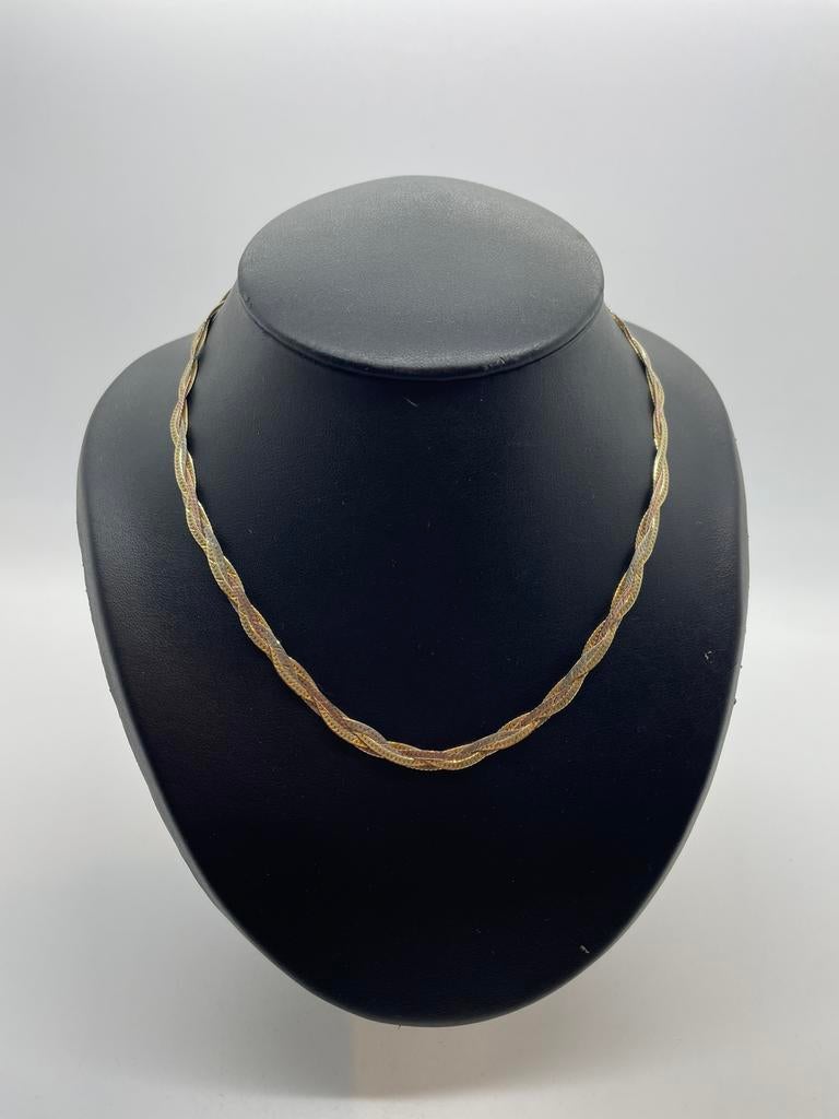 C375 Prachtige zilveren gevlochten ketting tricolor, Ophalen of Verzenden, Zo goed als nieuw, X, Goud