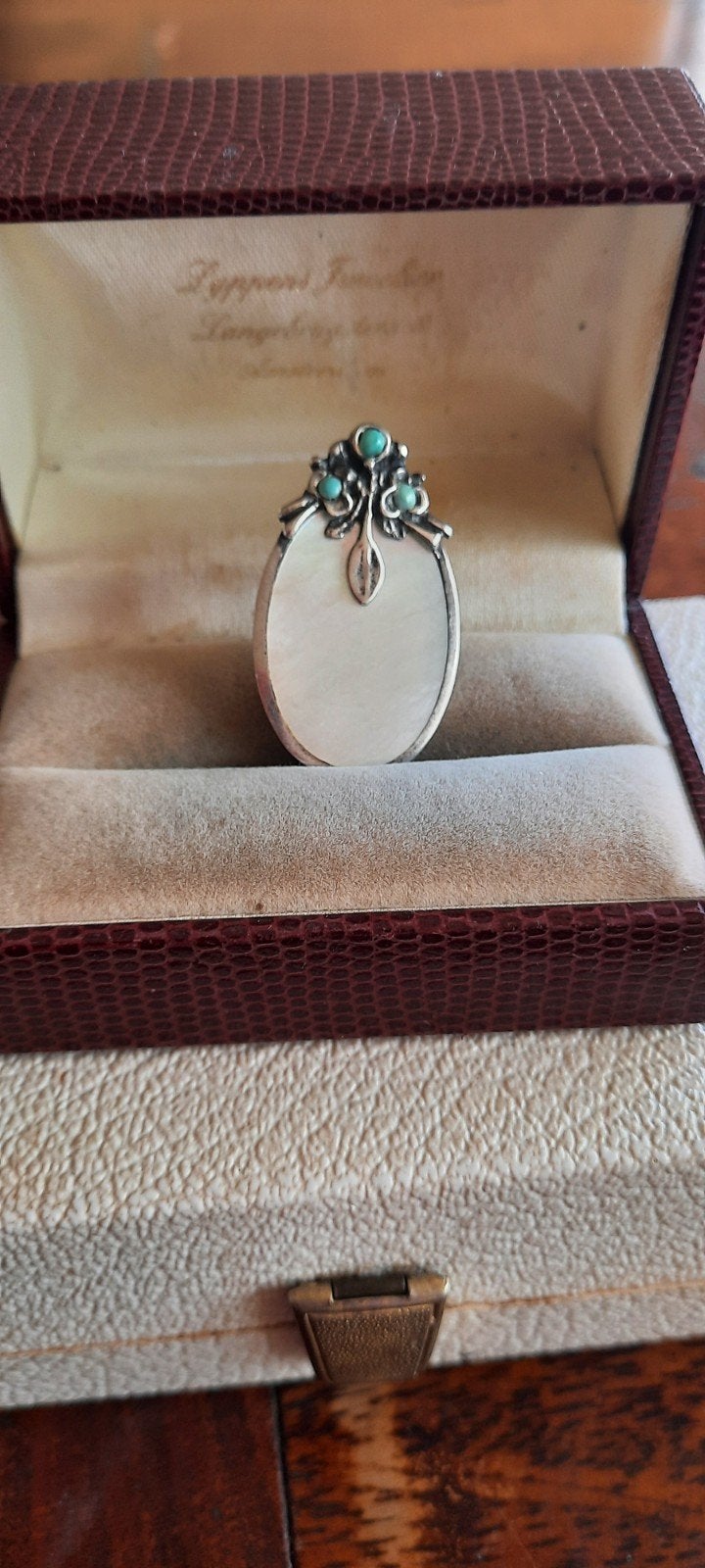 Antieke Jugendstil broche,zilver,parelmoer, turkoois, Met edelsteen, 4 tot 7 cm, Gebruikt, Ophalen of Verzenden