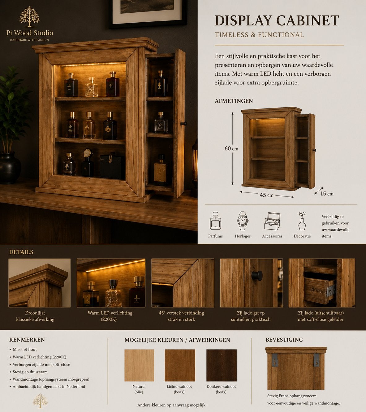 Handgemaakte houten vitrinekast - Pi Wood Studio, Ophalen, Minder dan 50 cm, Nieuw, Minder dan 25 cm