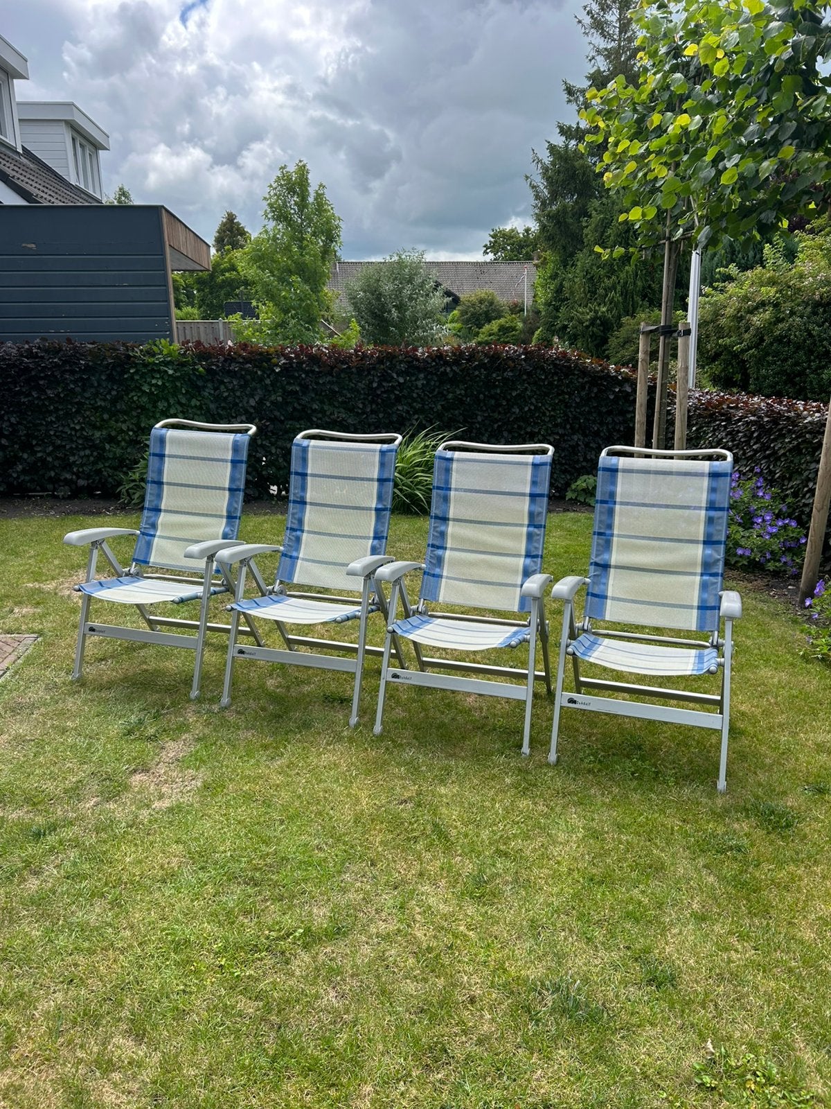 4 dukdalf standen stoelen blauw wit, Ophalen, Gebruikt, Campingstoel