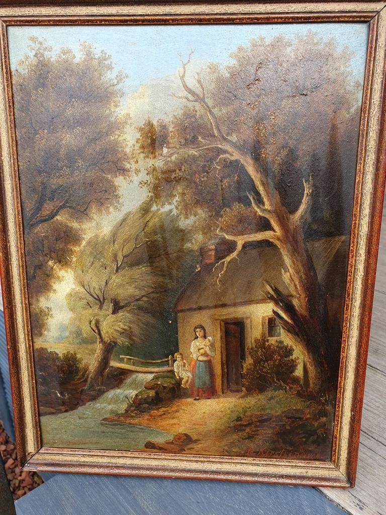 Oud schilderij met landschap en figuren, Ophalen of Verzenden