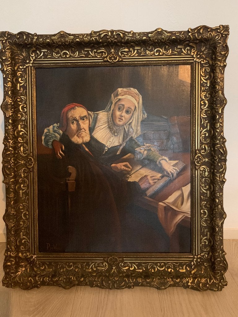De verboden lectuur, P De Waal, Schiedam 1950 olieverf, Antiek en Kunst, Doek, Portret of Personen, Bijzondere lijst, Ophalen of Verzenden