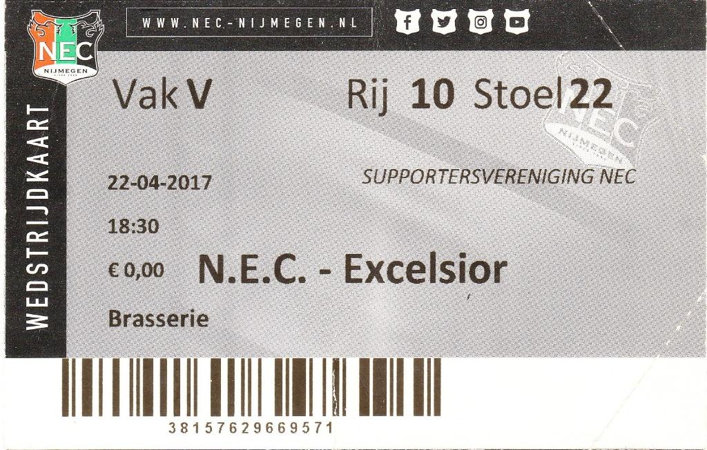 Ticket NEC - Excelsior 2017, Verzamelen, Ophalen of Verzenden, Gebruikt, Overige binnenlandse clubs, Overige typen