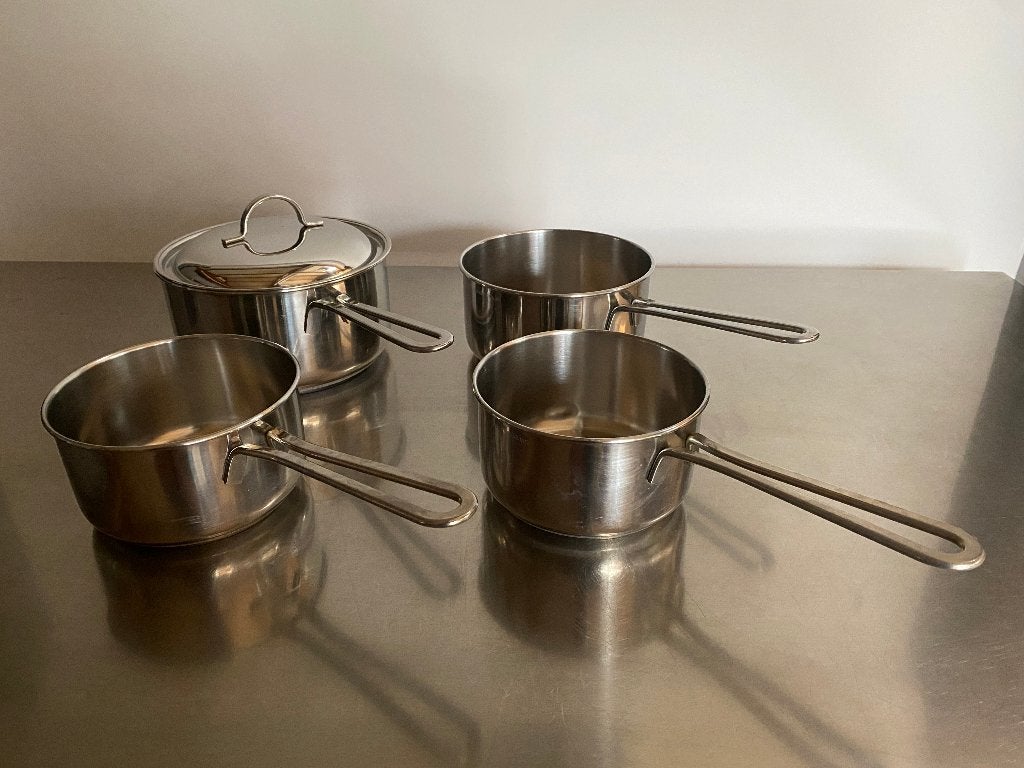 Lagostina RVS steelpannen set 4-delig – 14, 16 en 18 cm, Gebruikt, Met handvatten, Pannenset, Ophalen of Verzenden