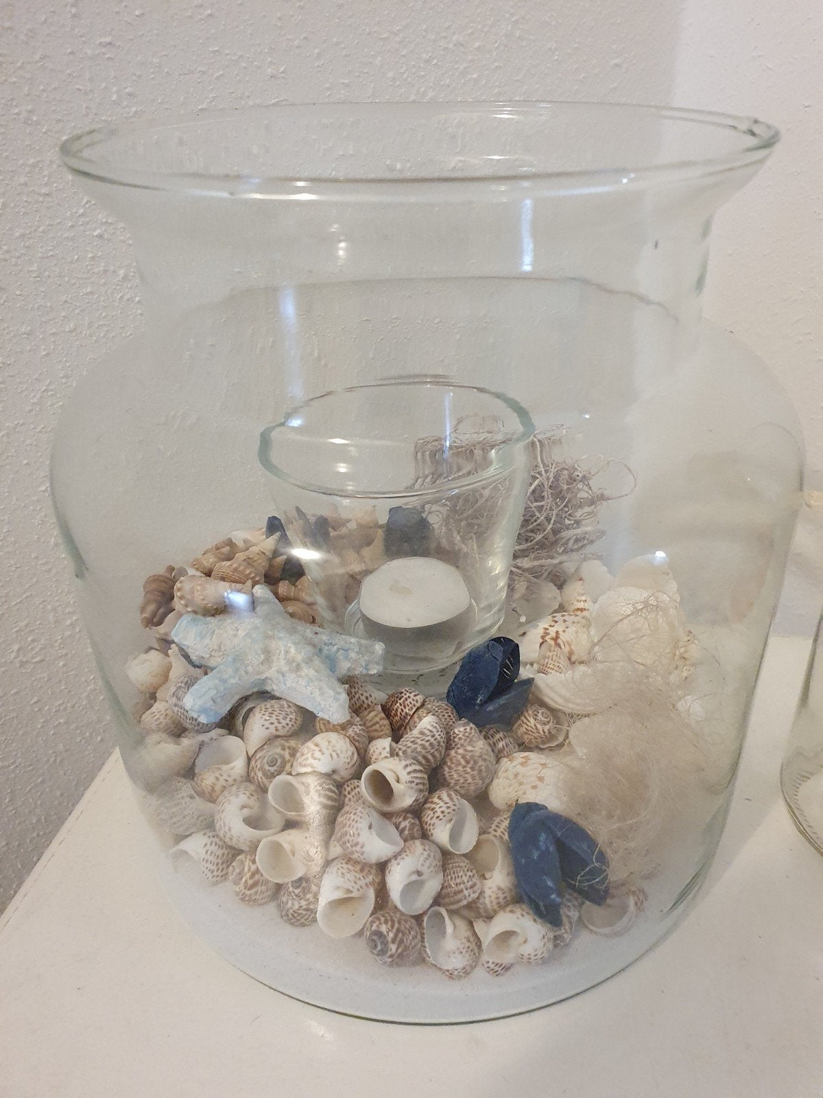 Decoratieve glazen vaas met schelpen en zeester, Ophalen, Meerkleurig, Mediterraans, Zo goed als nieuw