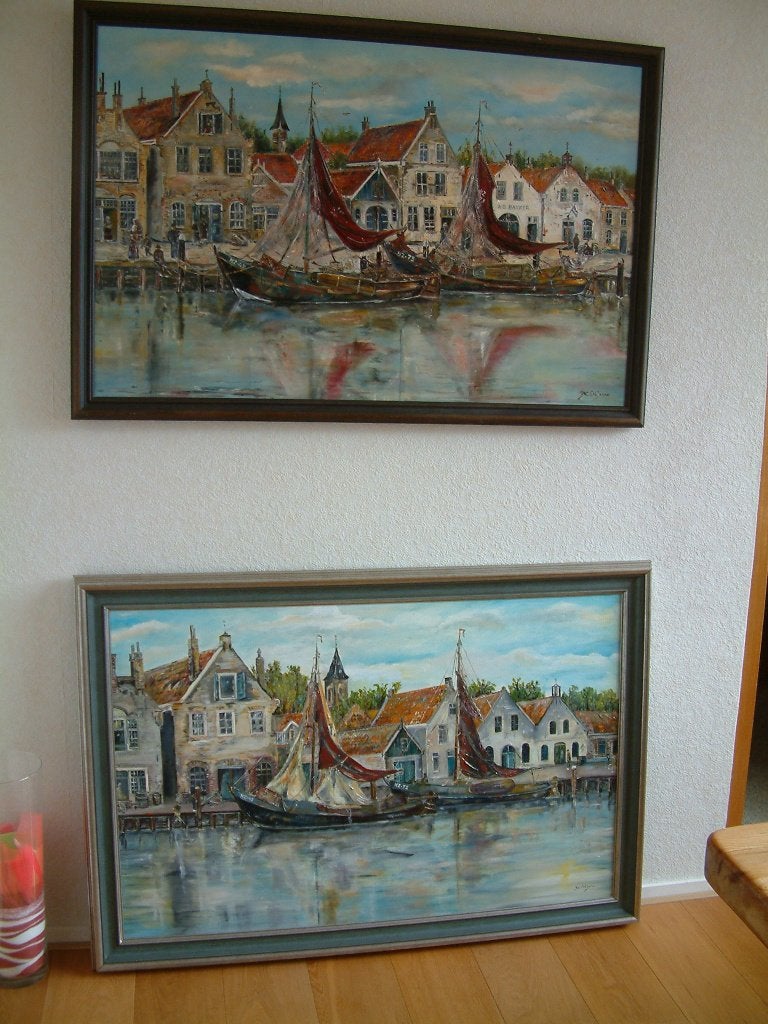 Zuiderzee botters  in de haven  en op zee 120 x 80 cm, Maritiem / water, Doek, Ophalen of Verzenden, Olieverf