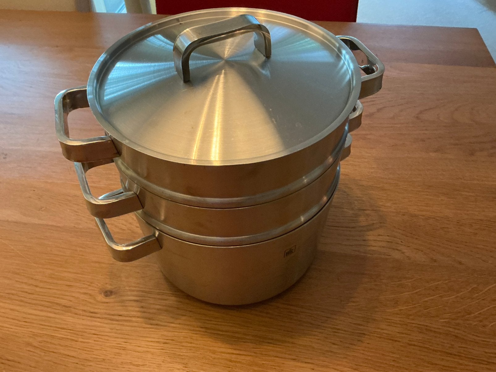 BK kookpan met dubbele stoominzet, Huis en Inrichting, Keuken | Potten en Pannen, Ophalen of Verzenden, Zo goed als nieuw, Rvs
