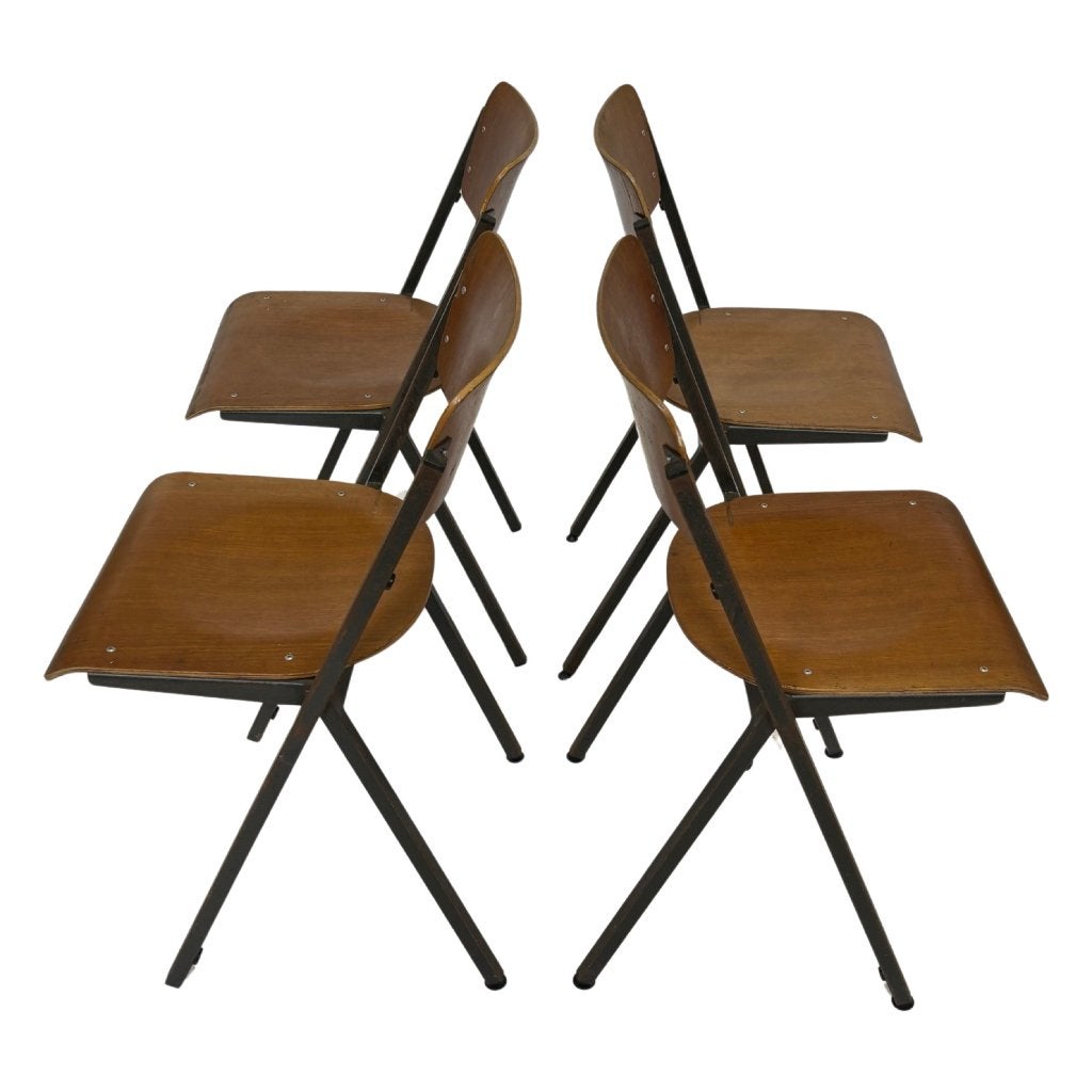 Vintage Set Van Vier Stoelen Schoolstoel Kompas model 60's, Vintage stoelen, Gebruikt, Bruin, Vintage stoelen