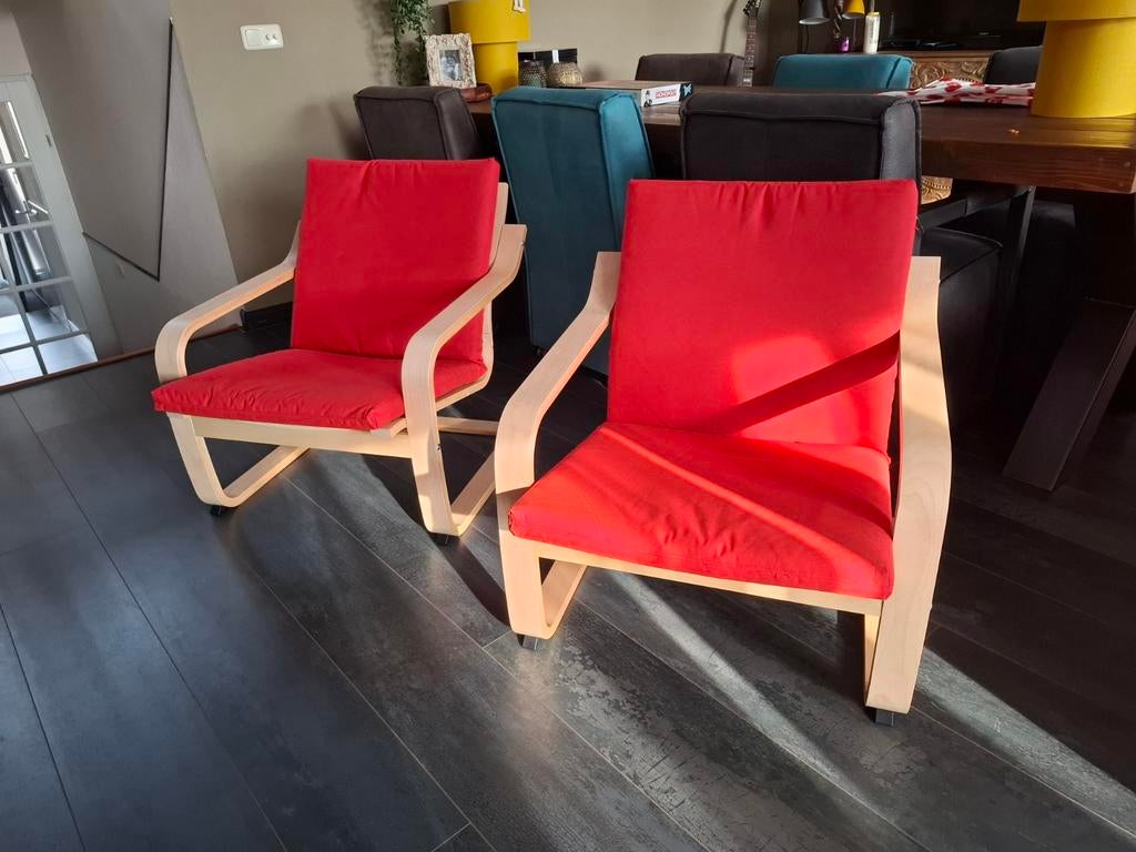 2 NIEUWE Fauteuils met lage rugleuning, naturel/Vissle rood, Huis en Inrichting, Stoelen, Ophalen, Nieuw, Rood, Twee