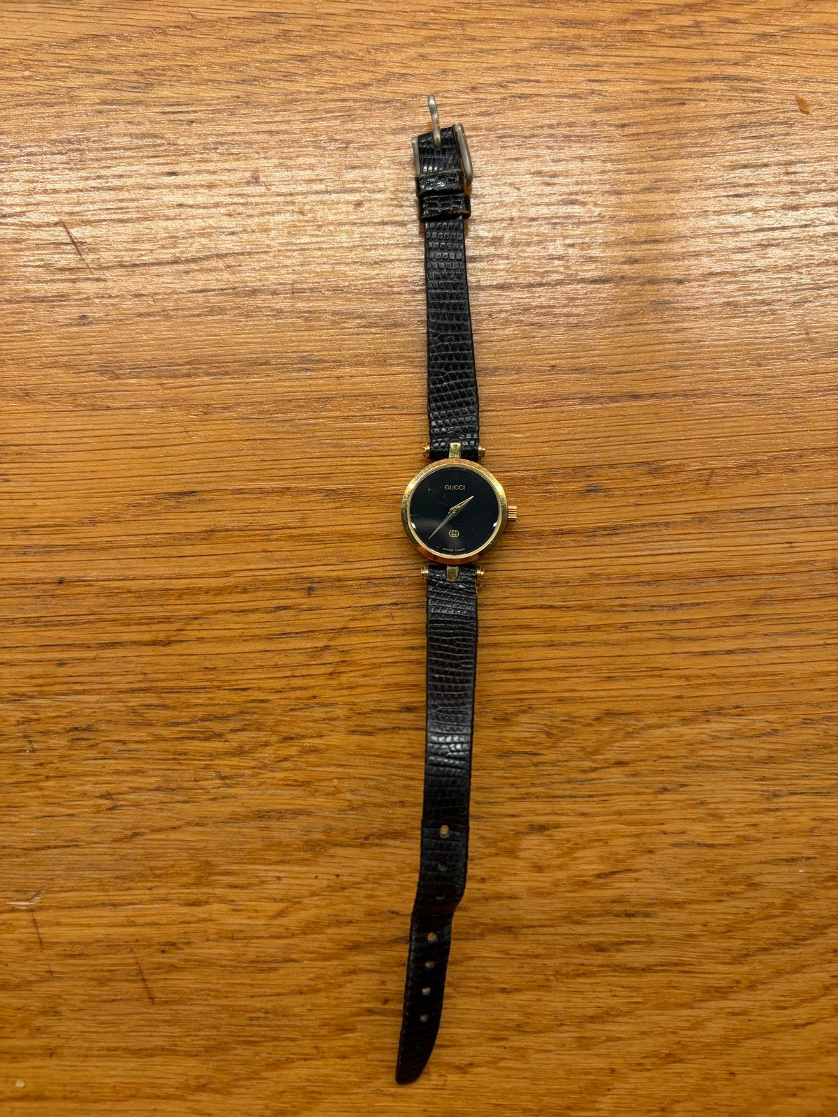 Gucci dames Polshorloge - Vintage met Zwart Leren Bandje, Ophalen, Polshorloge, Goud, Leer