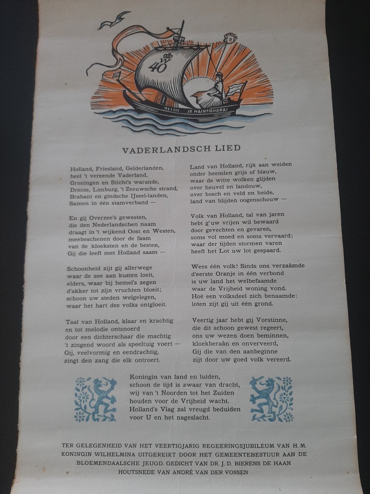 Vaderlandsch Lied - Jubileum H.M. Koningin Wilhelmina, Ophalen of Verzenden, Gebruikt