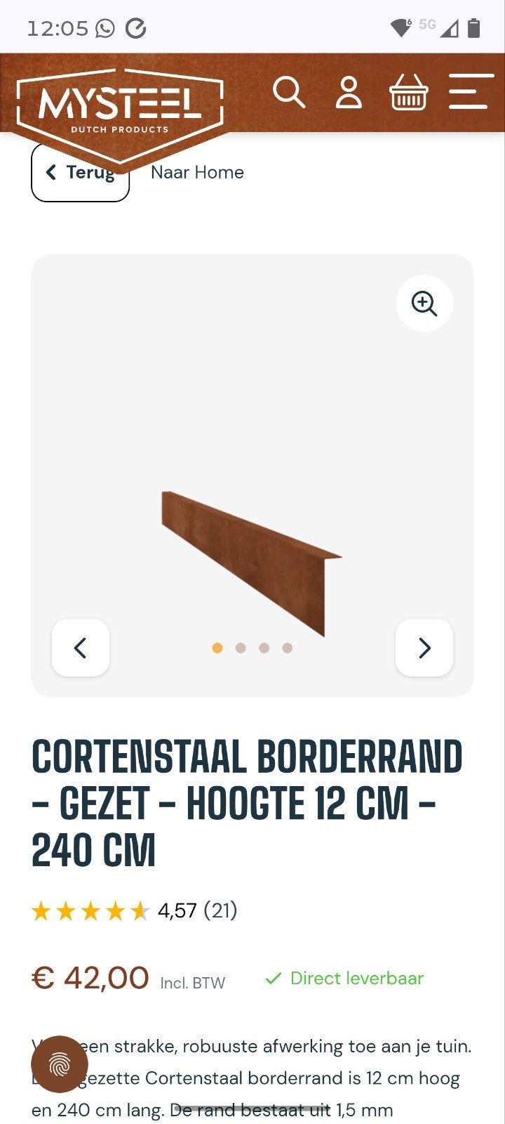 cortenstaal borderrand 6,3 meter 12x3 cm, Ophalen, Minder dan 30 cm, Nieuw, Metaal