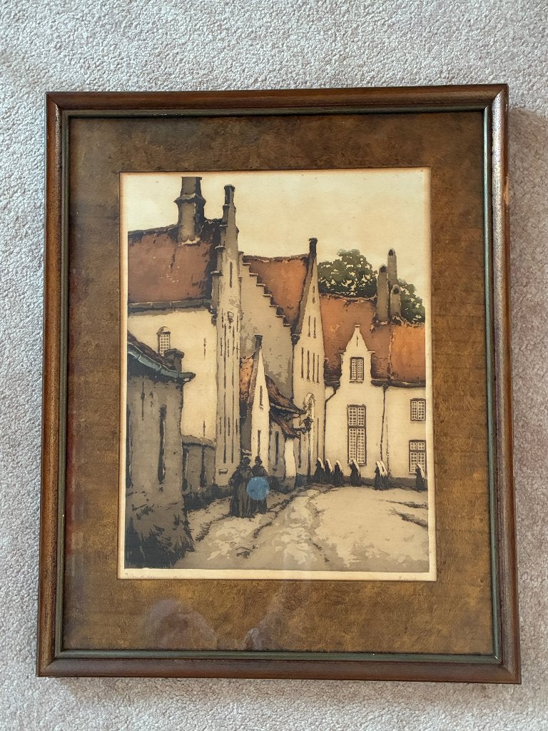 Vintage ets kleurenets België Brugge begijnhof, Antiek en Kunst, Ophalen, Stadsgezicht, Ets, Ingelijst