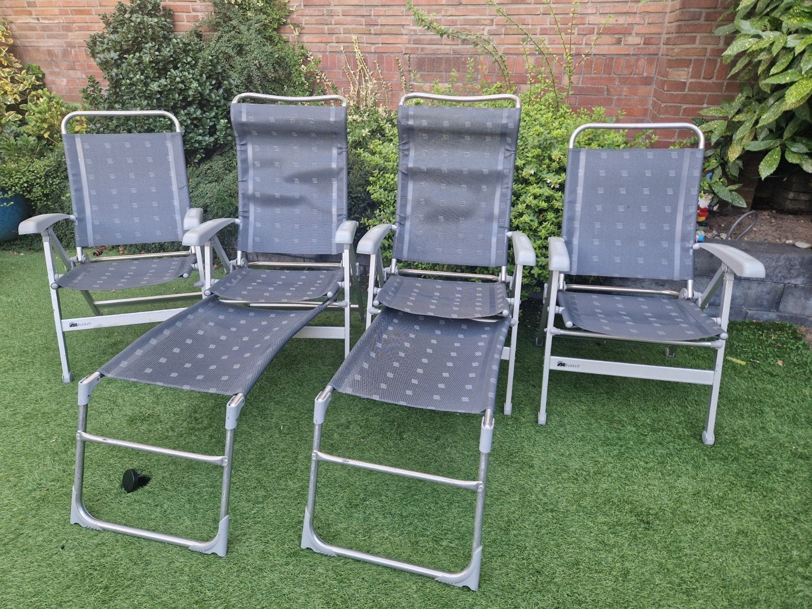 Dukdalf campingstoelen en voetenbankjes (4 stuks), Ophalen, Gebruikt, Campingstoel