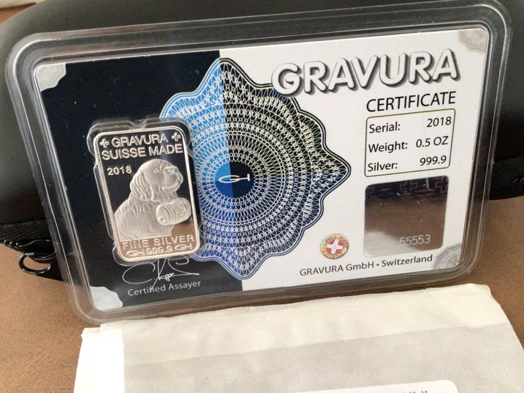 Gravura Suisse Made 0.5 oz Zilveren Baar 2018 St. Bernard, Postzegels en Munten, Edelmetalen en Baren, Ophalen of Verzenden, Zilver