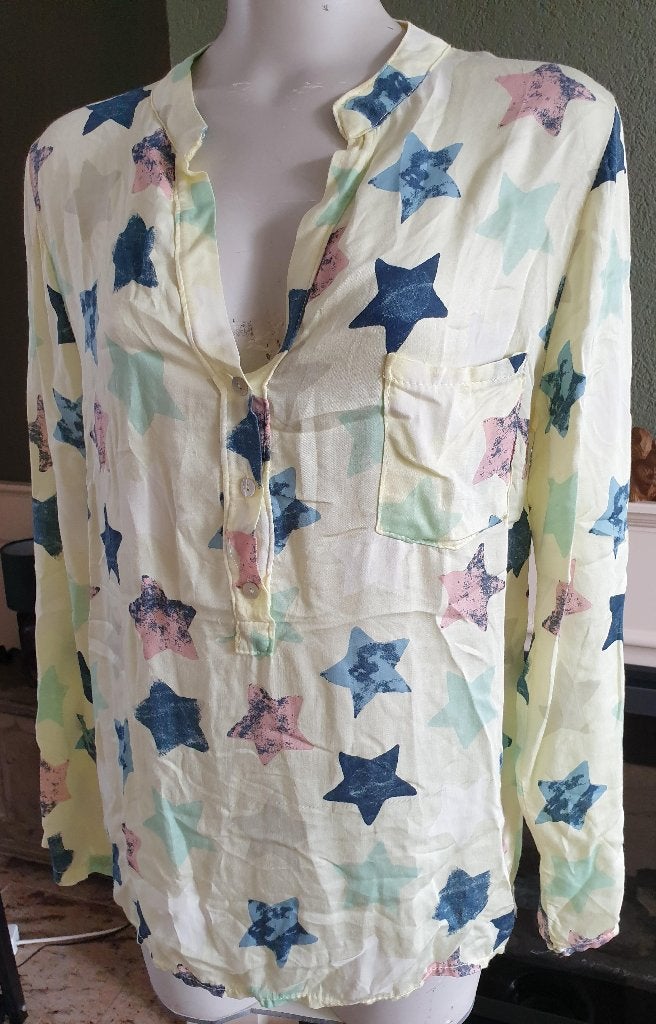Sensi Wear gele sterren blouse top S M 36 38, Maat 38/40 (M), Verzenden, Geel, Sensi Wear