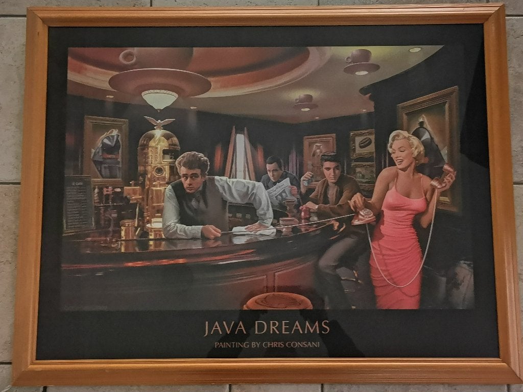 Java Dreams poster LED mancave bar Marilyn Monroe James Dean, Ophalen, Zo goed als nieuw, Reclamebord