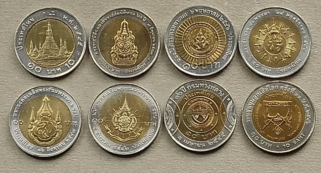Thailand, 8 verschillende 10 baht munten, Ophalen of Verzenden, Zuidoost-Azië, Setje
