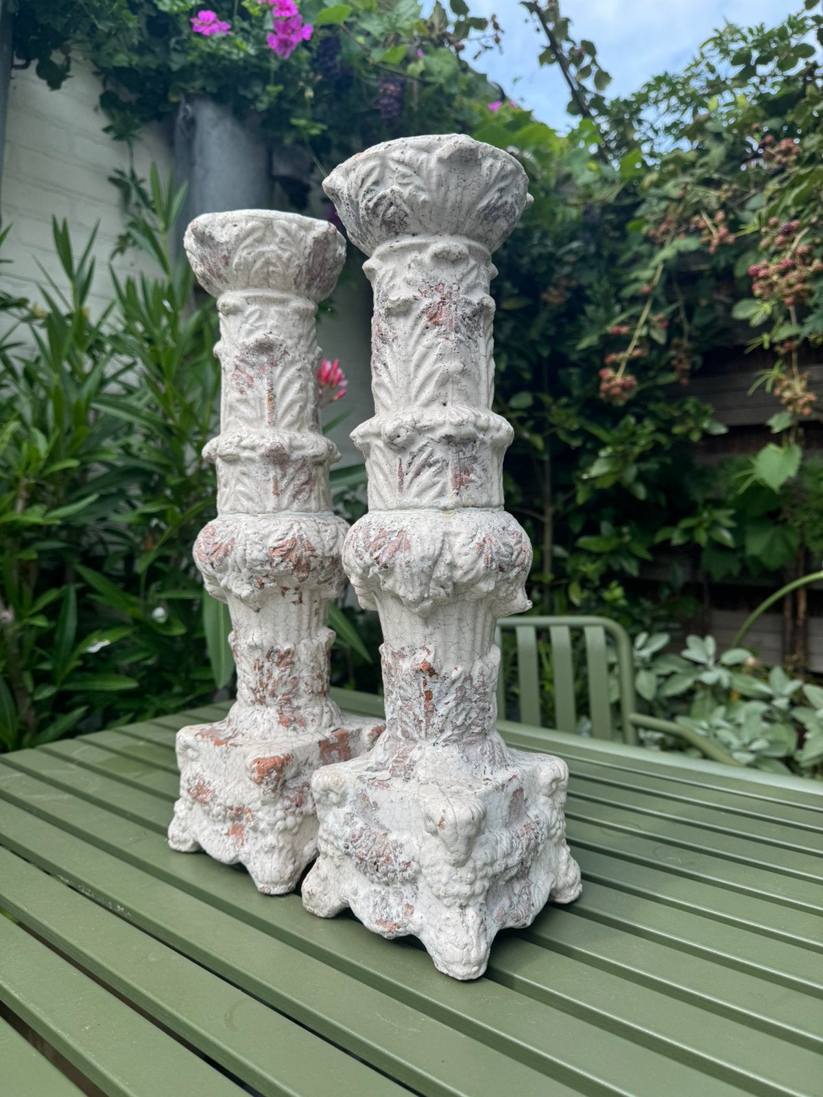 Zware PTMD Kandelaren 40cm hoog (Set van 2) - Wit Craquelé, Ophalen, Gebruikt, Crème, PTMD