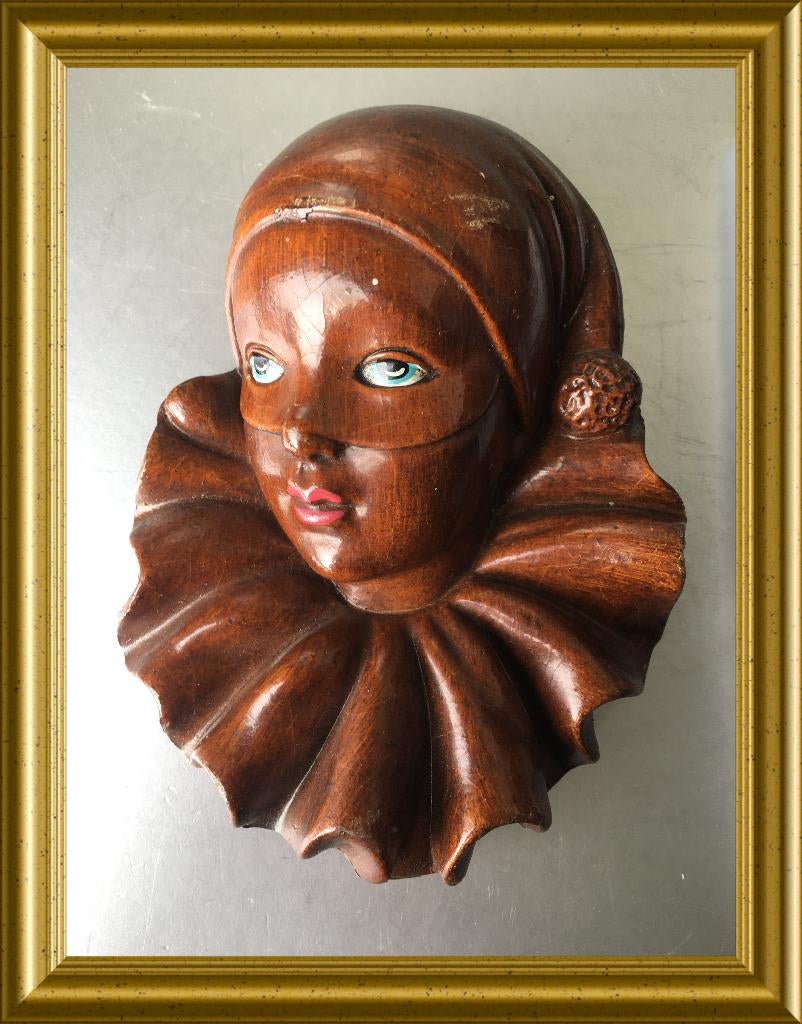 Oud papier mache muurmasker : pierrot/ pierrette, Antiek en Kunst, Ophalen of Verzenden