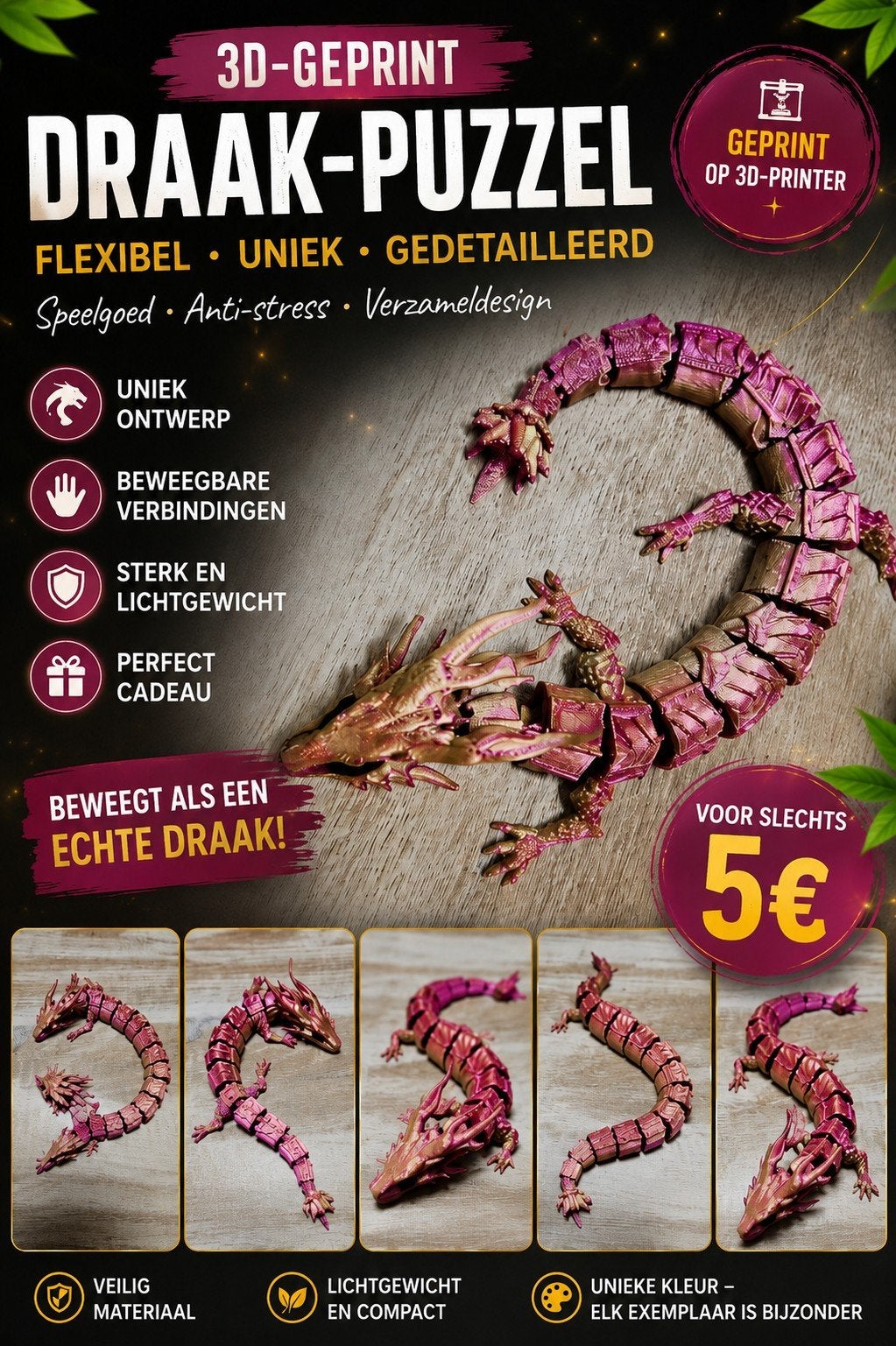 3D-geprinte Flexibele Draak - Uniek Speelgoed & Decoratie, Fantasie, Handgemaakt, Nieuw, Meerkleurig