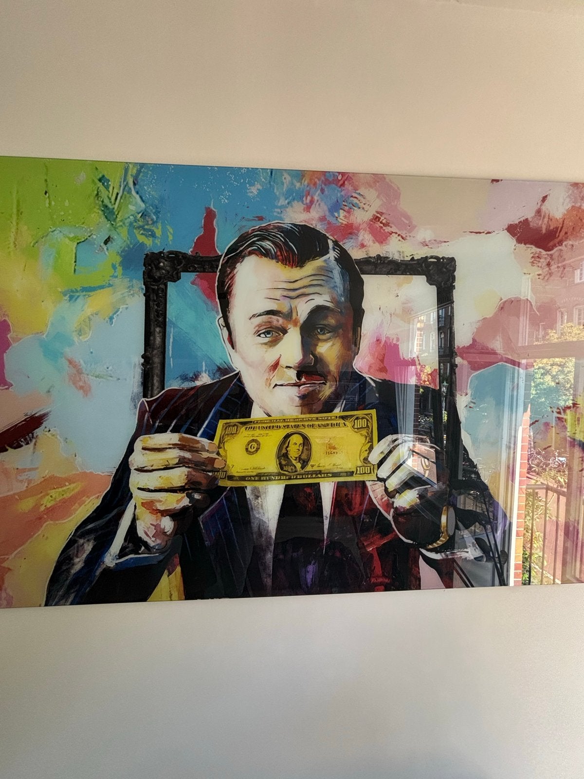 Wolf of Wallstreet Gehard Glas Schilderij - 100x150 cm, Antiek en Kunst, Ophalen of Verzenden, Glas, Ophangklaar, Film