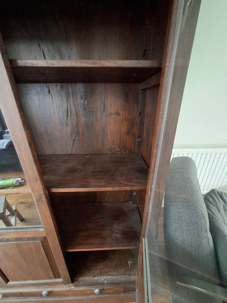 Teakhouten vitrine kast, Huis en Inrichting, Kasten | Vitrinekasten, Ophalen, Met deur(en), Teakhout, 50 tot 100 cm