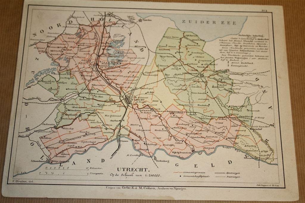 Antieke provinciekaart - Utrecht - Bruins 1895 !!, Boeken, Atlassen en Landkaarten, Gelezen, Ophalen of Verzenden, Landkaart, 1800 tot 2000