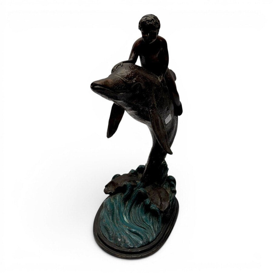 Gepatineerd bronzen sculptuur, jongen op dolfijn, Ophalen of Verzenden