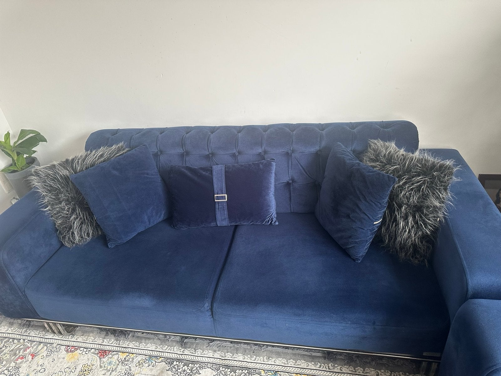 Donkerblauwe Velvet Bankenset - Luxe en Comfortabel, Ophalen, Zo goed als nieuw, Rechte bank, Stof